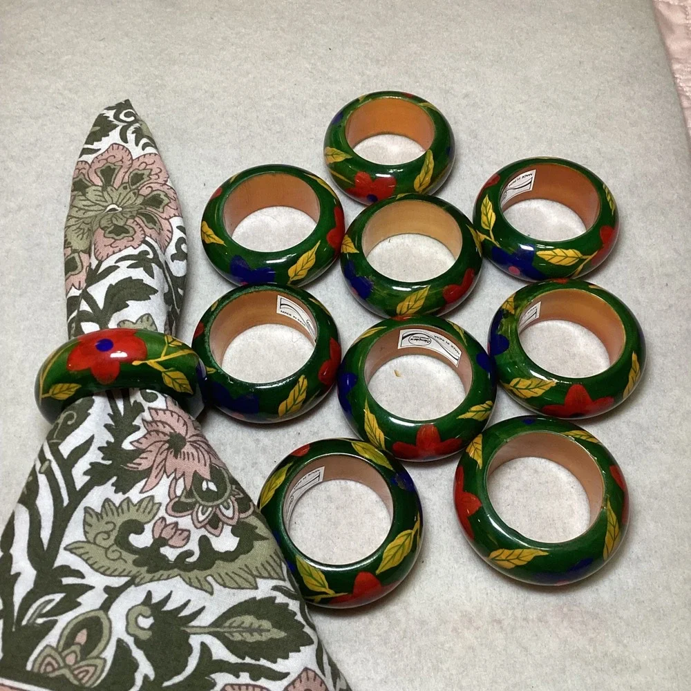 Simplex International Hand Painted Wood Napkin Rings Green Floral Set (10) India